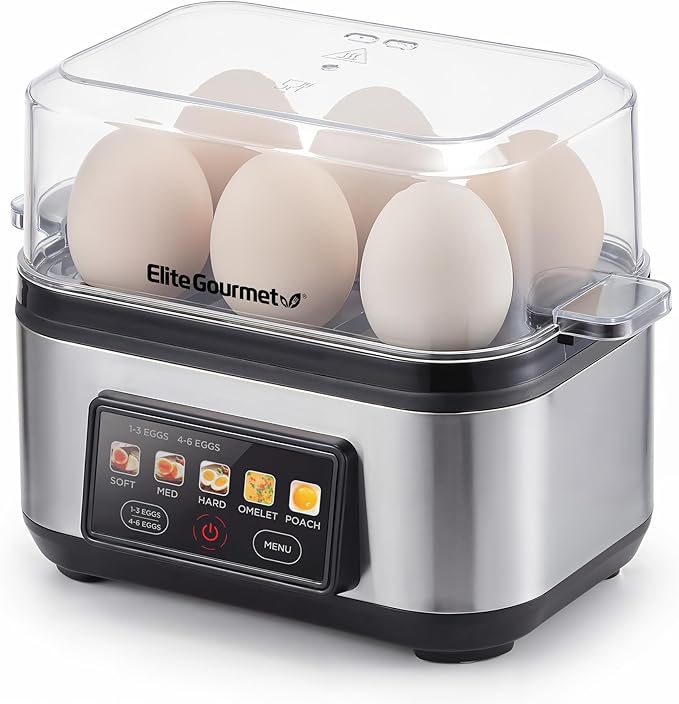 Elite Gourmet Digital Egg Cooker, 6 Egg Capacity, Soft/Medium/Hard Boiled, Poach & Omelet, One-Touch Graphic Display, Auto Shut-Off, Stainless Steel Heating Plate & Housing