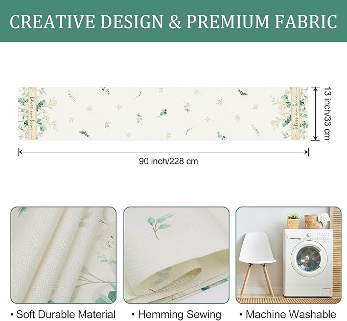 Bonhause Eucalyptus Leaves Table Runner 13x90 Inch Green Plants White Flowers Spring Summer Seasonal Holiday Kitchen Dining Table Decoration for Indoor Outdoor Home Party Decor