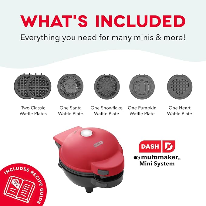 Dash Holiday MultiMaker Mini System - Includes Seasonal Snowflake, Pumpkin, Heart, Santa, and Classic Waffle Plates - Red, Six 4-Inch Removable Plates