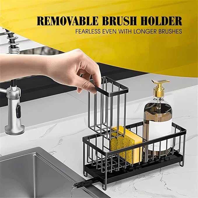 5 in 1 Sponge Holder for Kitchen Sink, Rustproof Stainless Steel Sink Caddy with Washing Cloth & Adhesive Hooks, Kitchen Sink Organizer with High Brush Holder and Soap Holder for Kitchen Sink