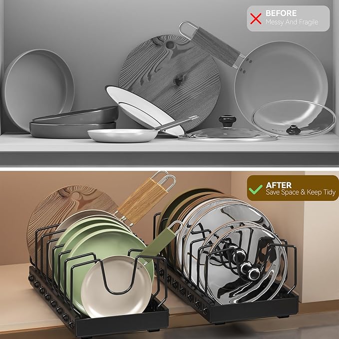 Pots and Pans Organizer Under Cabinet, Pull Out Pots and Pans Organizer, Expandable Sliding Lid Holder and Pan Rack for Pot Lid, Bakeware, Dishes, 10 Adjustable Dividers