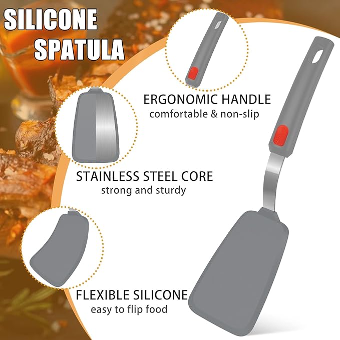 Silicone Spatula Turner Set of 3, Beijiyi 600°F Heat Resistant Cooking Spatulas for Nonstick Cookware, Large Flexible Kitchen Utensils BPA Free Rubber Spatula Set for Egg, Pancake, Fish (Gray)