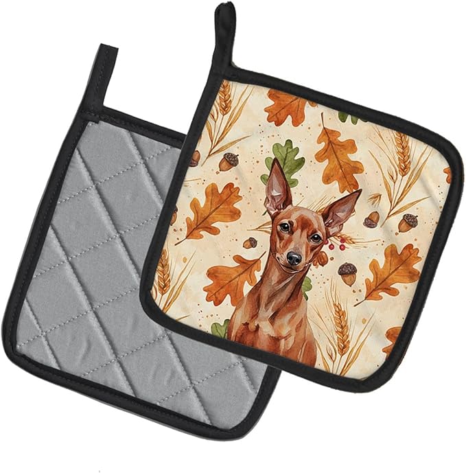 Caroline's Treasures Red Miniature Pinscher Min Pin Heirloom Fall Pair of Pot Holders Pair 7.5x7.5 Quilted Insulated Hot Pads Decorative Kitchen Gift Made in USA