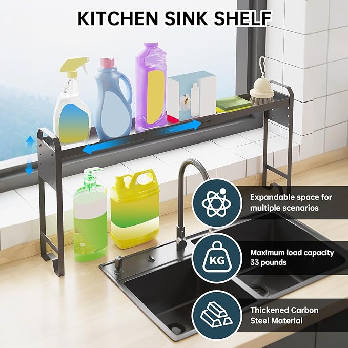 Over The Sink Shelf & Window Plant Shelf, Expandable Kitchen Organization Adjustable in Height & Length, Multi-Purpose Storage Rack for Stove, Bathroom, Study