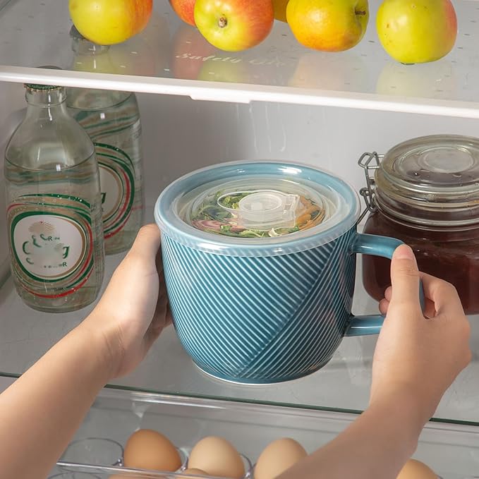 Ceramic Soup Bowl with Lid & Handle: 32 oz Microwave Safe Food Container for Ramen Noodles Cereal Leftovers - Extra Large Mugs for Breakfast Lunch Picnic Camping - Sky Blue, Set of 1