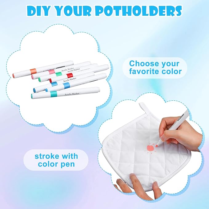 Newtay 48 Pcs Mother's Day Pot Holders Craft Project Set Including 24 White Pot Holders and Oven Mitts with 24 Makers for Kitchen Heat Resistant Cooking and Baking DIY Activities