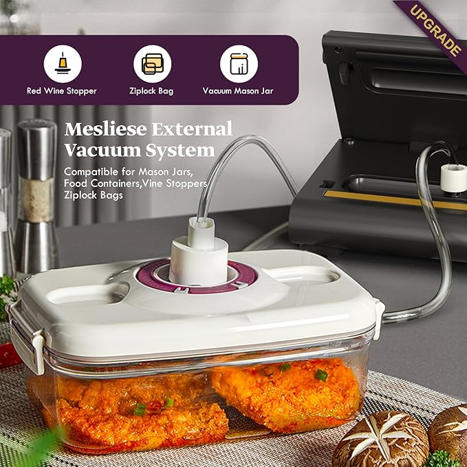 Vacuum Sealer Machine, Mesliese 90Kpa Powerful 6-in-1 Precision Compact Vacuum Food Preservation System with Cutter, 2 Bag Rolls & 5 Pre-cut Bags, Dry&Moist Modes Smart Suction, ETL Listed (Dark Gray)