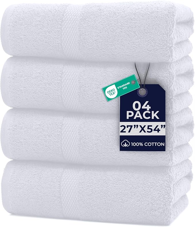 DAN RIVER Bath Towels Set of 4, 27 x 54 Inches, 100% Cotton, Larger & Lighter Weight, Quicker to Dry, Super Soft and Absorbent, Ideal White Towels for Daily Use