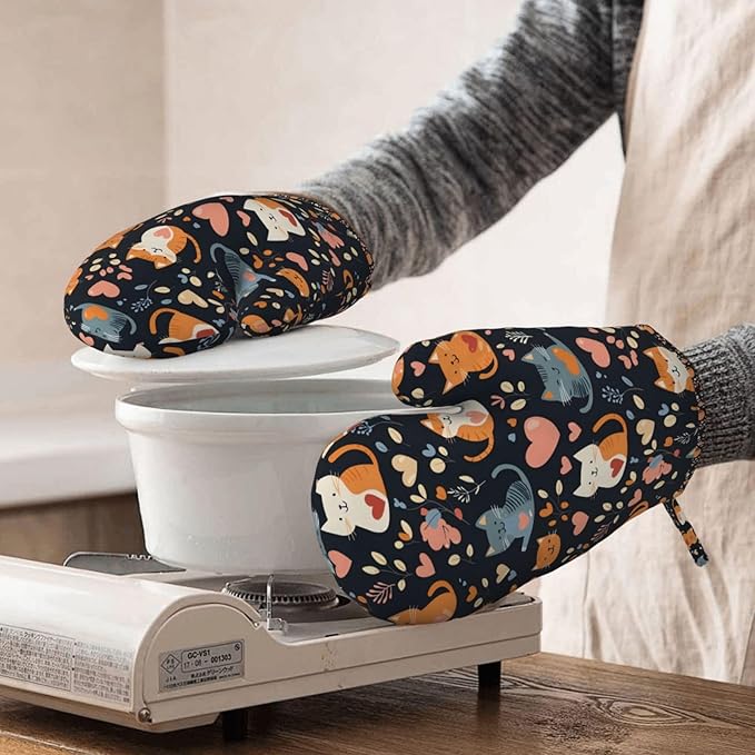 Cat Heart Silicone Oven Mitts Set of 2, Heat Resistant up to 500°F, Kitchen Oven Gloves with Non-Slip Grip and Soft Cotton Lining for Baking, Cooking and BBQ