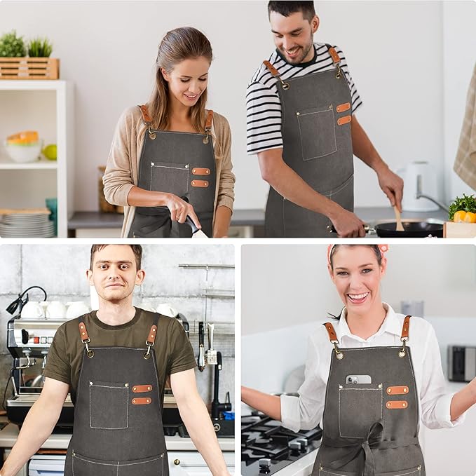 OUNLEN Chef Apron for Men Women Canvas Aprons with 3 Pockets Cross Back Resistant Work Apron for Cooking