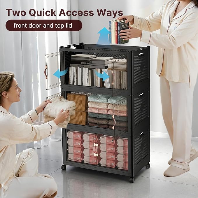UAMFURI Stackable Storage Bins with Lids,1080QT Lockable Storage Cabinet, Foldable Storage Box with Doors and Wheels, Plastic Drawers for Home, Garage, Office (6, Black, Extra Large)