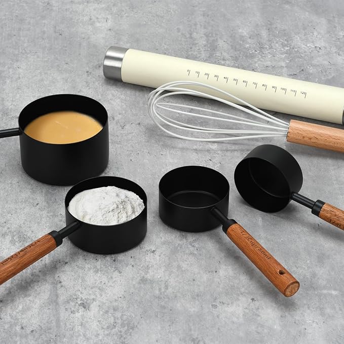Black Measuring Cups and Spoons Set, Measuring Spoons and Measuring Cup Set for Cooking & Baking with Wood Handle