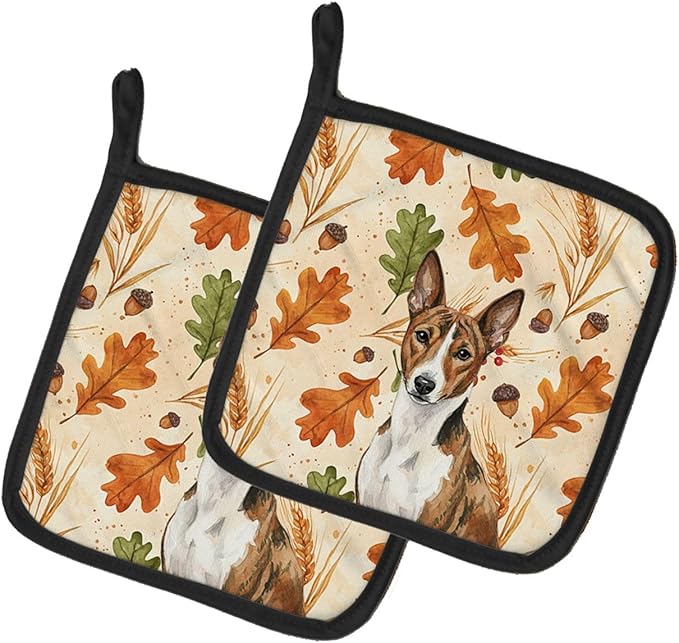 Caroline's Treasures Brindle and White Basenji Heirloom Fall Pair of Pot Holders Pair 7.5x7.5 Quilted Insulated Hot Pads Decorative Kitchen Gift Made in USA
