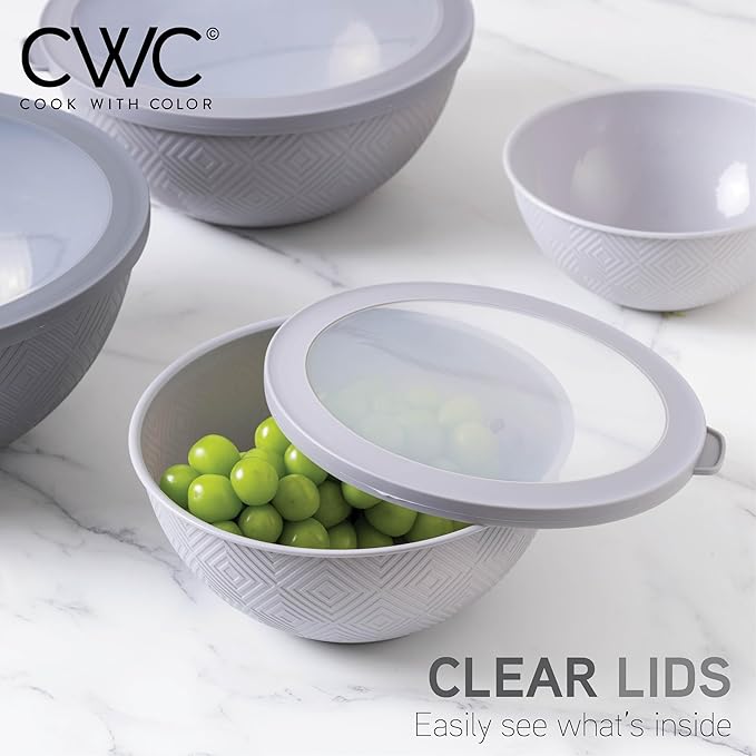 COOK WITH COLOR Mixing Bowls with Lids - 12 Piece Plastic Nesting Bowls Set includes 6 Prep Bowls and 6 Lids, Microwave Safe Mixing Bowl Set, Grey Rhombus