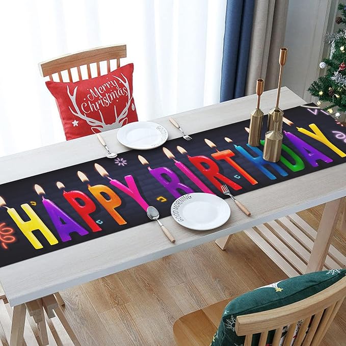 Happy Birthday Table Runner 13x72 Inch Birthday Candle Farmhouse Polyester Linen Table Decoration for Kitchen Dinning, Indoor Outdoor Home Dinner Party (Multi)