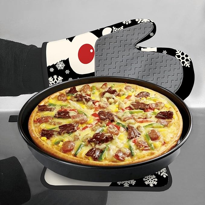 Christmas Snowman Oven Mitts & Pot Holders (3PCS), Cute Deer Snowflake Heat Resistant & Non-Slip Silicone Gloves for Cooking, Baking, BBQ, Christmas Kitchen Decor Gift