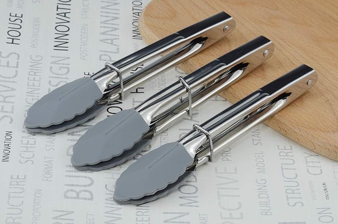 HINMAY Silicone Utility Tong Kitchen Tongs 7 Inch Metal Salad Tongs, Set of 3 (Gray)