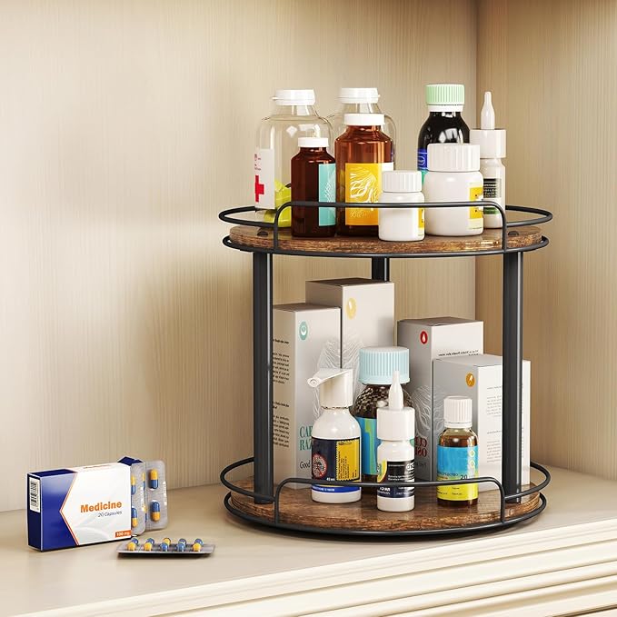 LAMU 9.1'' Wood Lazy Susan Turntable Organizer for Cabinet, 2 Tier Lazy Susan Spice Rack Organizer for Kitchen, Table Top, Countertop, Pantry, Medicine Organizer