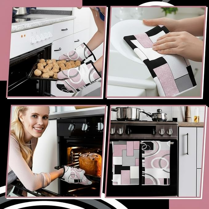 Jingmore 6 Pcs Kitchen Decor Set Accessory Farmhouse Kitchen Towels Pot Holders Oven Mitts Set 2 Dish Towels 2 Pot Holders 2 Cooking Mittens Oven Glove for Cooking (Pink, White, Black,Geometric)