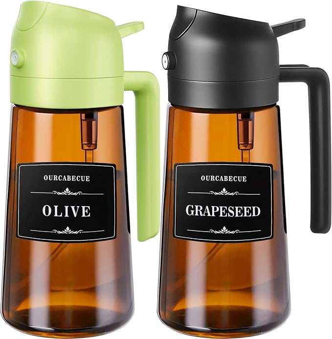 OURCABECUE 2 in 1 Olive Oil Sprayer for Cooking, 16oz/470ml Glass Olive Oil Dispenser Bottle for Kitchen, Light-Blocking Dark Brown Oil Mister with 8 Oil Stickers (Black+Green2PC)