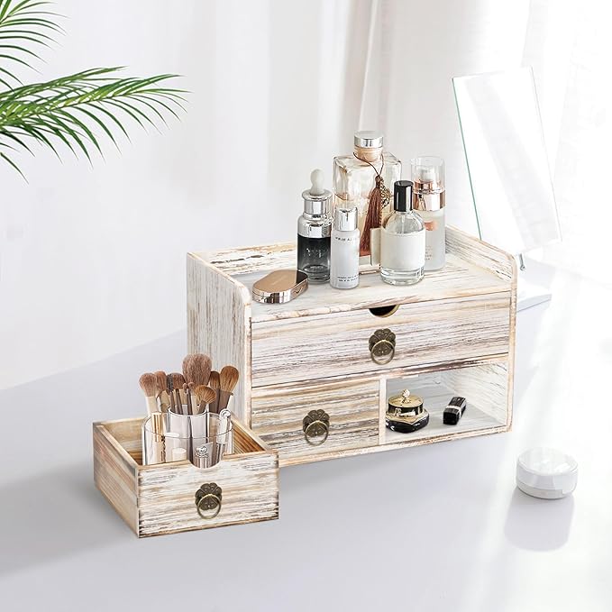 Wood Desk Organizer with Drawer, Vintage Brown Wooden Desktop Organizer, Tabletop Storage Organization Box for Countertop, Home Office Supplies, 13.5x6.6x8.2 Inch(3 Drawer and Shelf)