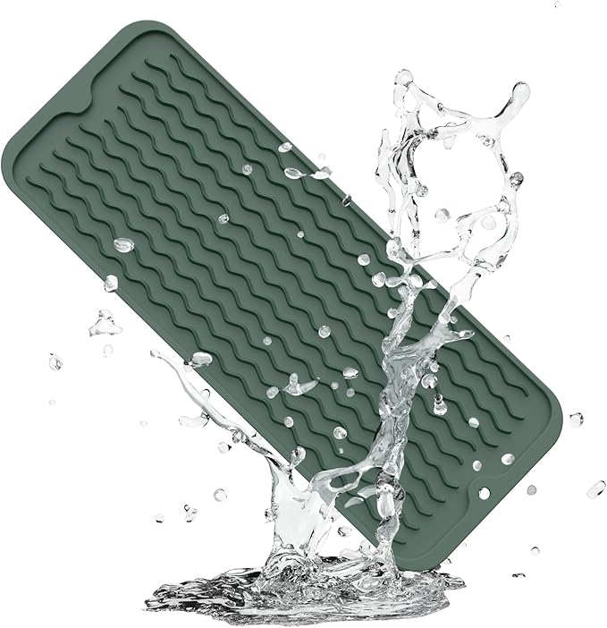 ZLR Silicone Sponge Holder & Sink Caddy Tray (6" x 17") - Narrow Dish Drying Mat for Kitchen Counter - Waterproof Soap Dispenser Organizer, Non-Slip Bathroom Vanity Tray (Dark Green)