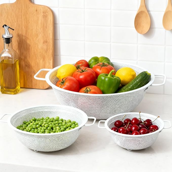 Colander Set with White Coating, Stainless Steel Micro-Perforated Colanders Strainers for Draining Rinsing Washing, Ideal for Vegetables Fruits, Heavy Duty & Dishwasher Safe