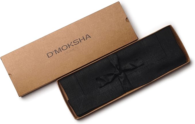 D'Moksha Homes Linen Placemats Set of 6 - Classic Hemstitch Black Placemats 14 x 19 Inch - 100% Pure Linen Table Mats for Spring - Handcrafted and Machine Washable