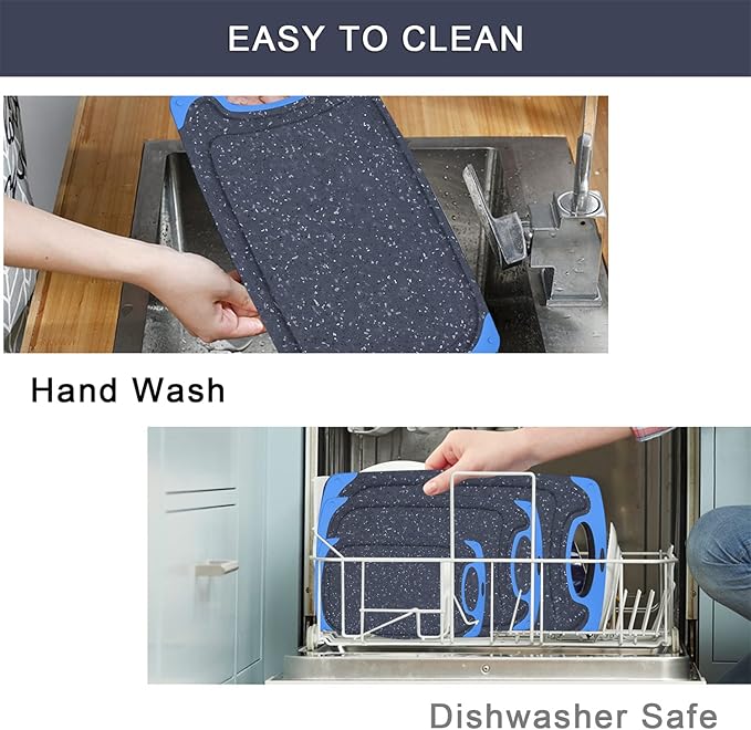 Plastic Cutting Board, 3 Pieces Dishwasher Safe Cutting Boards with Juice Grooves, Easy Grip Handle, Non-Slip, with Grinding Area for Grinding Garlic and Ginger（blue）