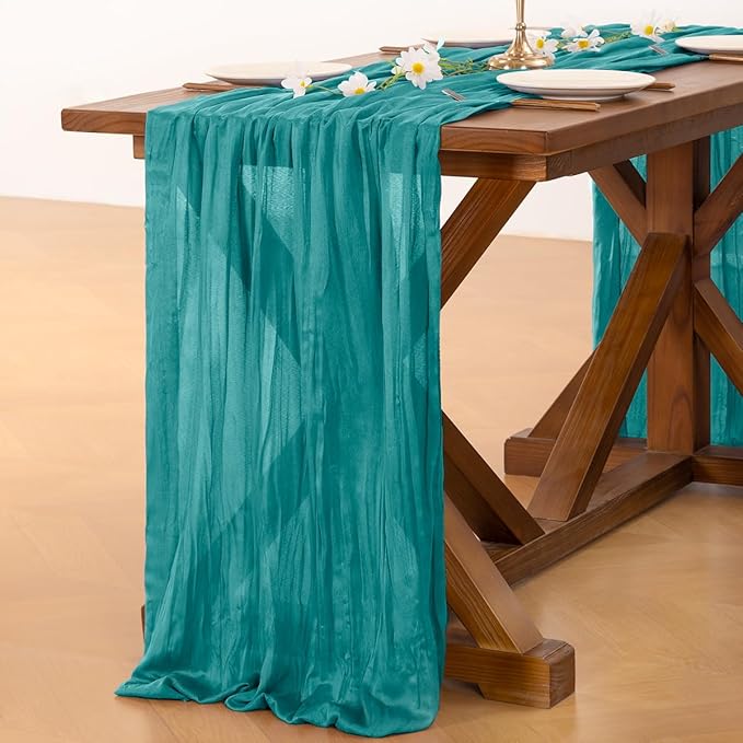 Socomi Teal Blue Easter Spring Cheesecloth Table Runner Boho Rustic Gauze 120 inch 10FT Cheese Cloth Runner for Wedding Party Baby Shower Birthday Home Decor