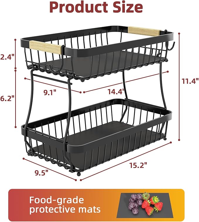 Sevenblue 2 Tier Large Fruit Basket for Kitchen Counter with 2 Mobile Banana Hangers, 2026 Pro Detachable Metal Fruit Bowl with Wooden Handle (Black, 2 Tier Extra Large)