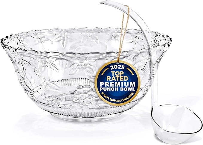 Stock Your Home Premium Plastic Punch Bowl with Ladle, Fancy Disposable Punch Bowls for Parties, Holidays, Schools, Halloween, and More, Quality Glass Like Appearance, Large Punch Bowl with Ladle Set