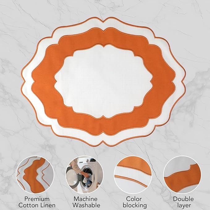 Embroidery Cotton Linen Placemats Set of 4, HADEEONG Table Mats Cloth Placemats, Washable Wrinkle Resistance, Double Layer Scalloped Fabric Placemats, 17.7 x 13.4inch (White with Orange, 4)