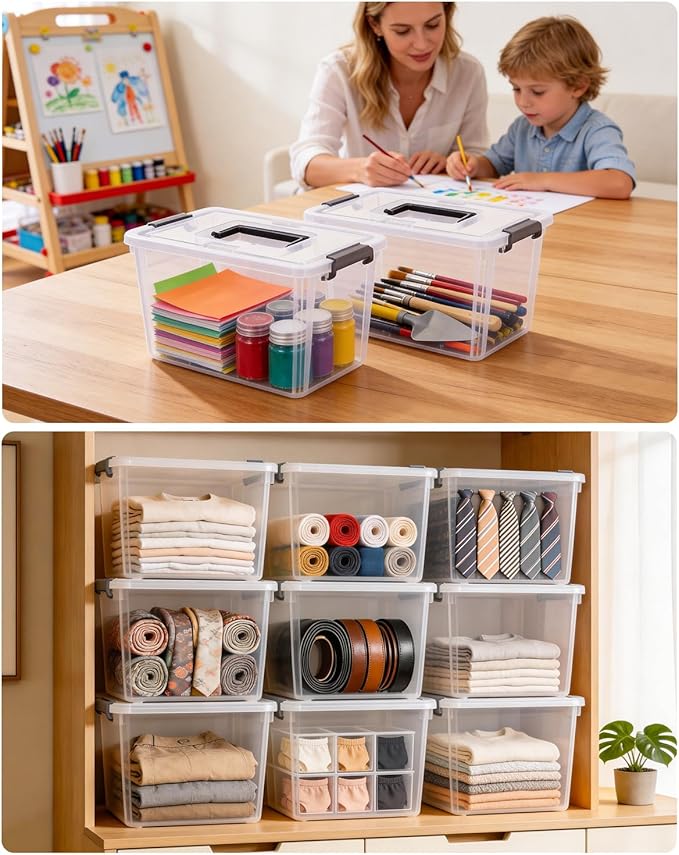 Citylife 8 Packs 6 QT Plastic Storage Bins with Latching Lids Clear Storage Box with handle Stackable Storage Containers for Organizing Snacks, Crafts, Toys, Tools