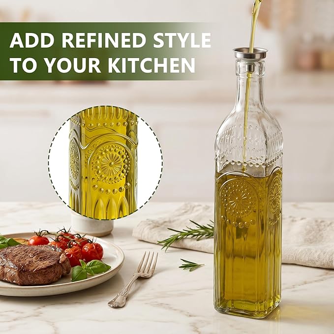 WERTIOO 4 Pack Olive Oil Dispenser Bottle for Kitchen,17oz Clear Glass Cooking Olive Oil and Vinegar Dispenser with Funnel, Delicately Engraved Glass Bottles for Kitchen