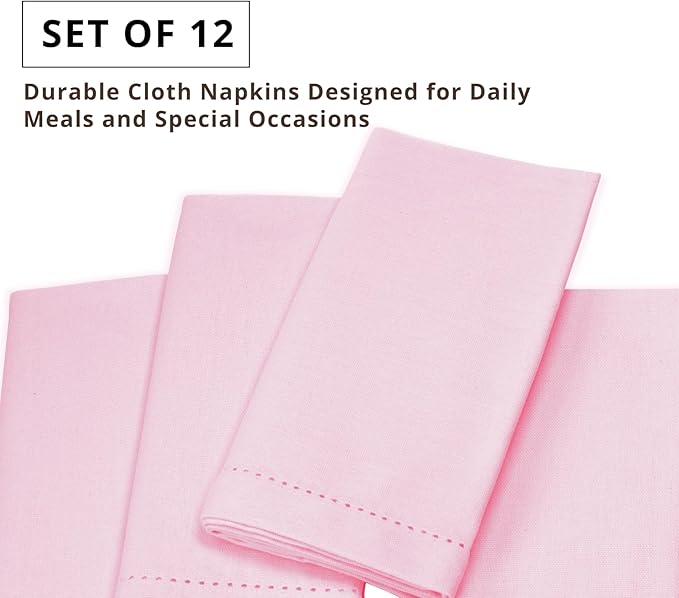 PurpleEssences Set of 12 Hemstitch Cloth Dinner Napkins 100% Cotton - Soft Durable Washable - Ideal for Wedding Spring Easter Summer - Perfect Everyday Use Table Linen 18x18 - Blush Pink