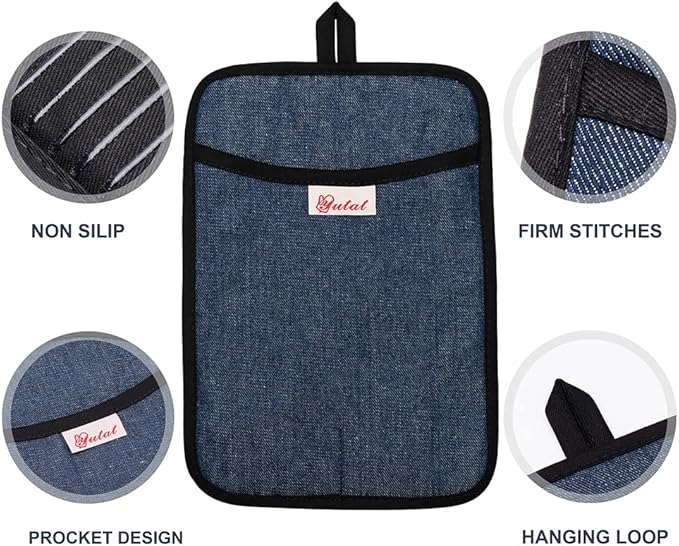 Yutat Oven Mitts, Pot Holders Set of 4 Made with Pure Cotton and Food Grade Non-Slip Silicone - 500 F Heat Resistant Oven Mitts and Pot Holders Sets for Kitchen Cooking (4pcs Set, Black and Denim)