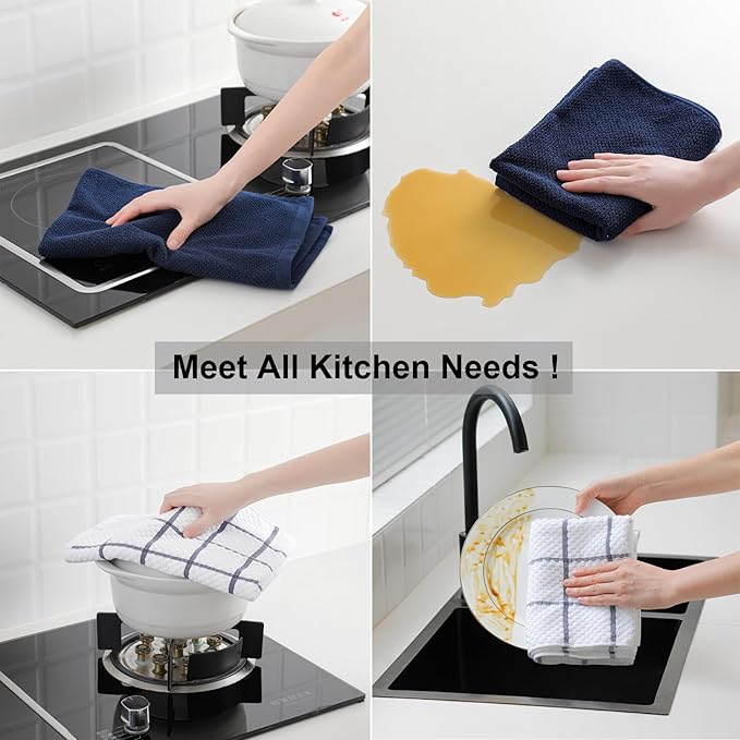 12 Pack Kitchen Towels and Dishcloths Set, 100% Cotton Soft and Absorbent Kitchen Towels 16 x 25 inche & 13 x 13inche Dishcloths