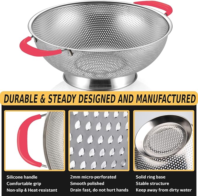 5-Quart Colander 18/8 Stainless Steel Colander Silicone Handle Large Heavy Duty Professional Kitchen Strainer Great For Pasta, Berry, Veggies, Noodles, Fruits - Pink