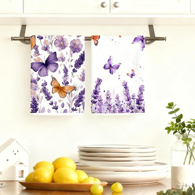 4Pcs Purple Lavender Kitchen Towels-16×24in Spring Floral Dish Towels, Super Absorbent Flower Holiday Decor Hand Towels for Kitchen Bathroom Home Easter Mother‘s Day Gifts