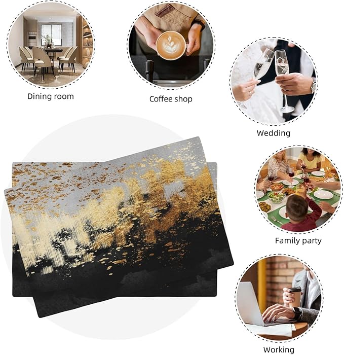 Black Gold Abstract Art Linen Placemats Set of 4, Heat Resistant Non Slip Modern Table Mats for Dining Table Kitchen Coffee Shop Wedding Party, Artistic Home Decor & Gift for Design Luxury Lovers