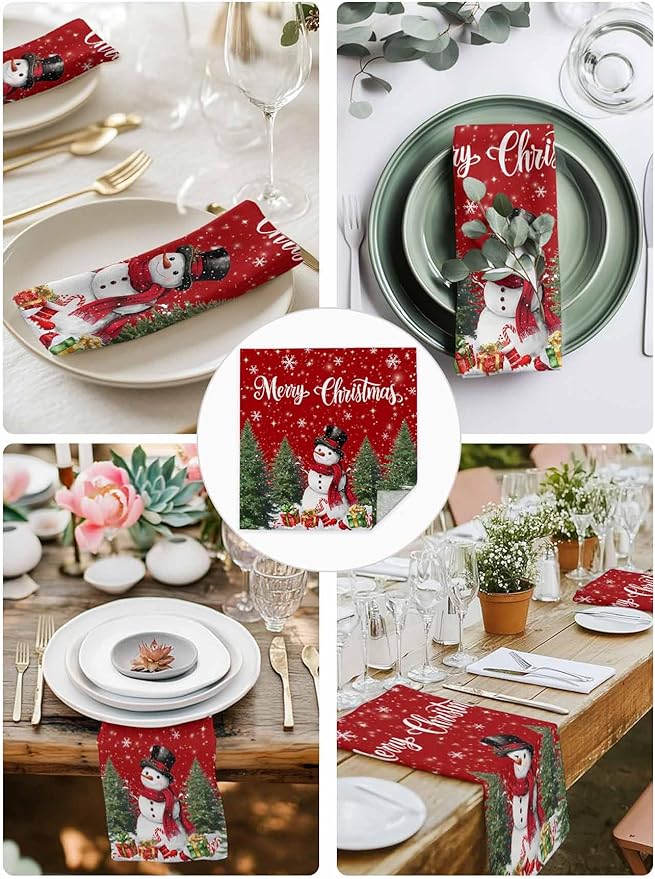Snowman Red Cloth Napkins Set of 6 - Christmas Tree Washable Dinner Napkins Snowflake Winter Xmas Pine Table Reusable Napkin for Home Party Wedding Dining Table Setting Decoration, Oversized 20"x20"
