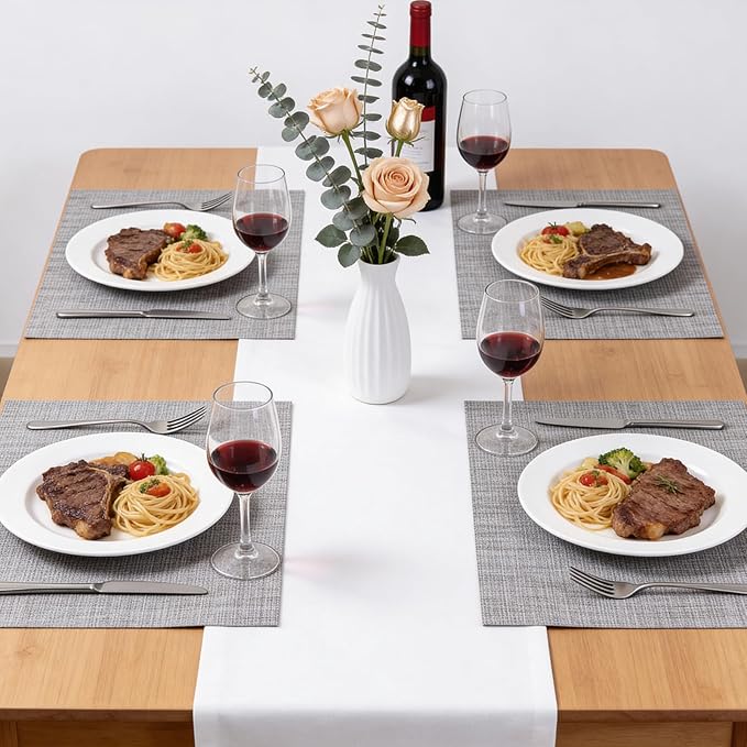 Timeet Placemats Set of 4, Heat Resistant Non-Slip Place Mats, Durable Washable PVC Vinyl Woven Table Mats, Linen Textured Table Placemats for Dining Kitchen Resistant Easy to Clean(Gray)