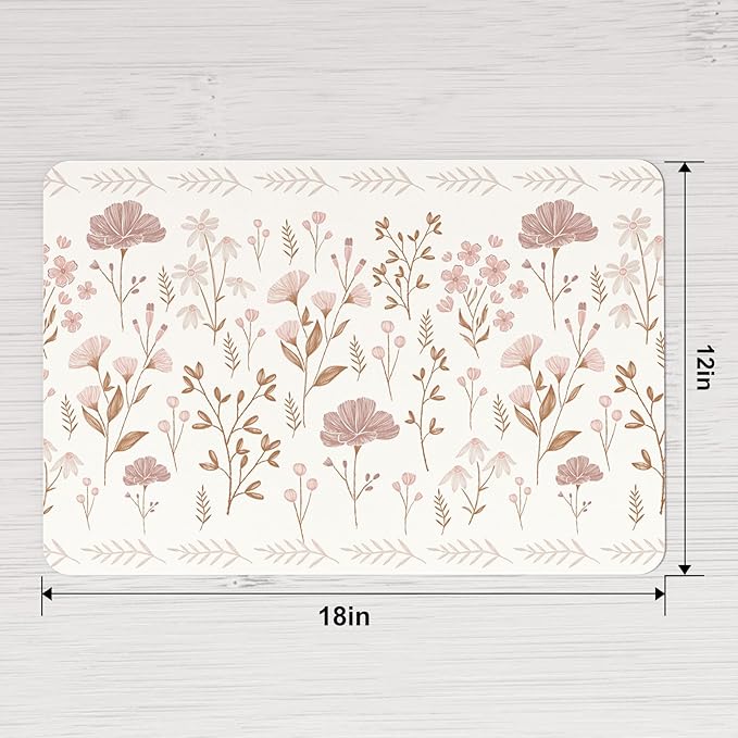 QIYI Placemats Set of 4, 12x18 Inch Faux Leather Place Mats for Kitchen Dinning, Heat Resistant Anti Slip Floral Table Mats, Waterproof Wipeable Washable Placemat Party Beige Table Décor, Pink Flowers