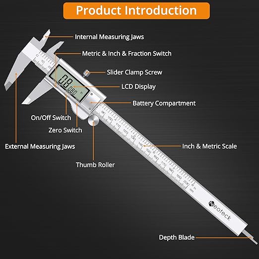 Neoteck 8 inch Digital Caliper Vernier Caliper Stainless Steel LCD Display Digital Caliper Measuring Tool with Fraction/Inch/MM Conversion Used for Inside and Outside Diameter,Depth,Step Measurement