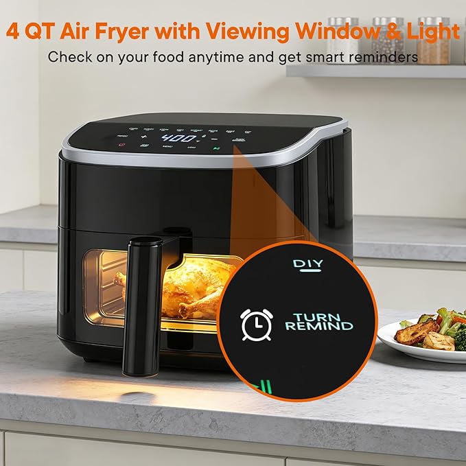 OLIXIS 4QT Air Fryer with Visible Window, 1500W Digital Touchscreen Air Fryer with 8 Presets, Auto Shut Off & Nonstick Dishwasher Safe Basket, 60-Min Timer, Max 400°F, Black