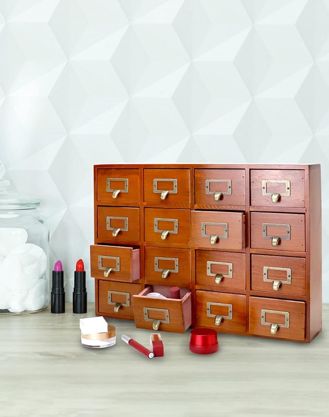 QWORK Desk Drawer Organizer, Wooden Vintage Apothecary Cabinet with 16 Drawers, Home Office & Tea & Dresser Bedroom Organization and Storage, Traditional Apothecary Cabinet, Brown