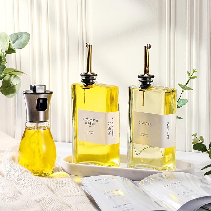Hushee 2 Pcs 350ml Olive Oil Dispenser Bottle for Kitchen & 1 PC 200ml Oil Sprayer for Cooking with Silicone Funnel, Tray, Stickers, Coffee Syrup Dispenser for Soy Sauce Salad Air Fryers