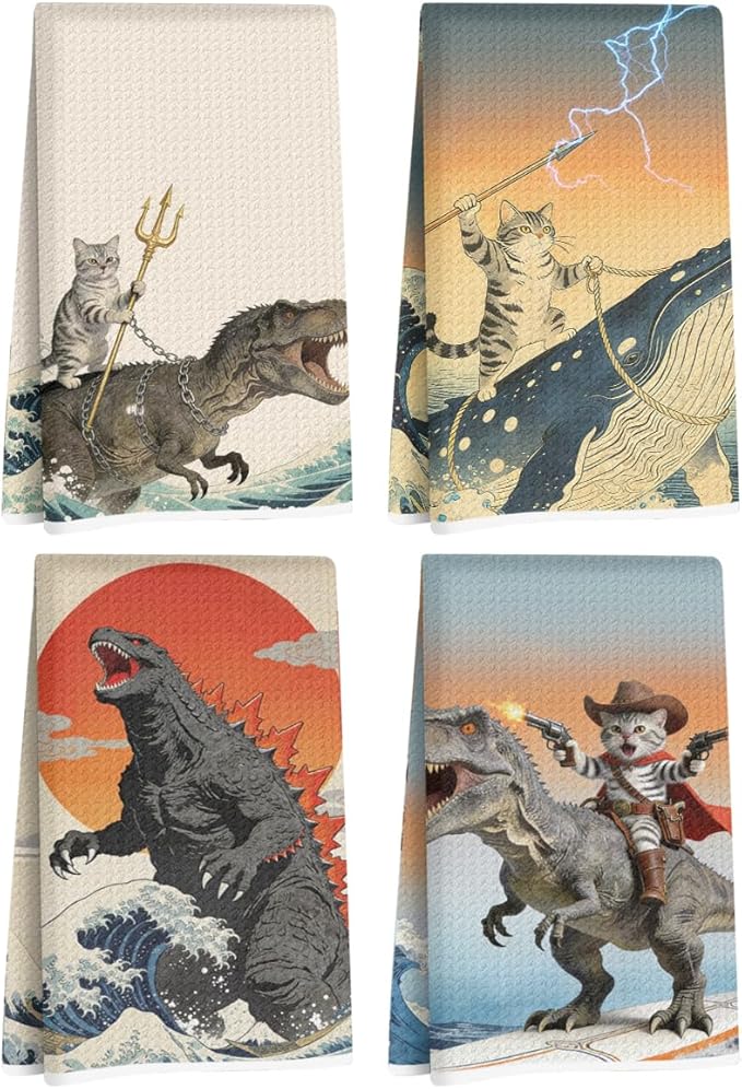 4 Pcs Funny Cat Kitchen Towels 24x14 Inch, Godzilla Japanese Cats Gifts Hand Towel, Microfiber Dish Cloths for Drying Dishes, Waffle Dish Towels for Kitchen Home Decor, Cat Lover Gifts for Women Mom