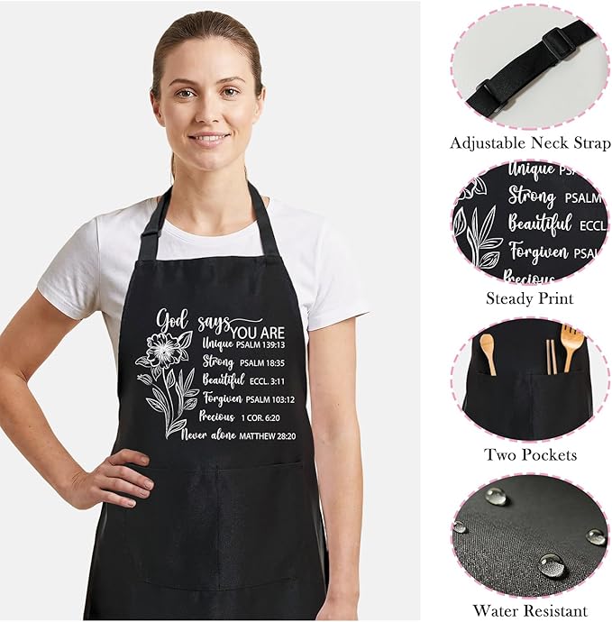 Black Baking Aprons for Women, Adjustable Cooking Baking Kitchen Aprons for Mom Chef with Pockets